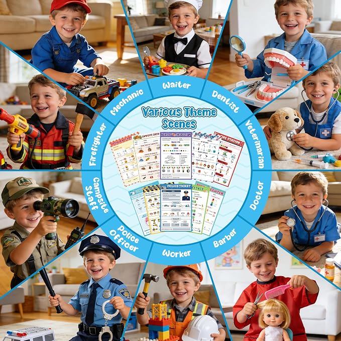 TICIAGA Kids Pretend Play Notepads - 10PCS 4x6 In Playtime Pad Included Restaurant Police Vet Doctor Salon Camp Vehicle Notepad 30 Page Pretend Notebook Imaginative Role for Toddler Kid Play Game, Boy