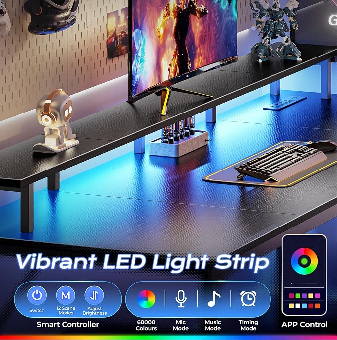 63 inch Gaming Desk, LED & Power Outlets, Monitor Stand, Black | Sturdy PC Desk for Home Office, Study & Work, LED Lights, 4 AC Outlets & USB-C Charging Station