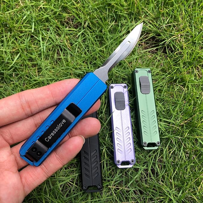 Automatic Utility Knife, Safety Black Box Cutter Retractable, EDC Push Button Knife, Exacto Scalpel Knife, 10PCS #23 Razor Blades Pocket Knife with Clip (Blue)