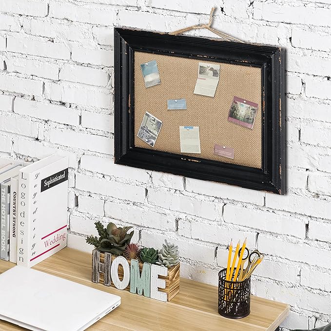 SOFE Hanging Linen Small Bulletin Board, 15.7×12 Inches Decorative Cork Boards for Walls with Black Frame, Wood Vision Board Farmhouse Pin Board for Home Office School, Rustic Memo Board Display Photo