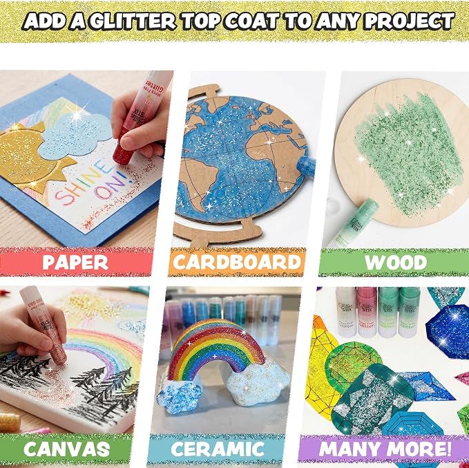 Glitter Stix Mess-Free Glitter Sticks, Set of 12 Colors - Solid Shimmer Topcoat for Coloring Pages, Crafts & Art Projects, No Loose Glitter or Glue, Pairs with Kwik Stix Paint Sticks for Kids