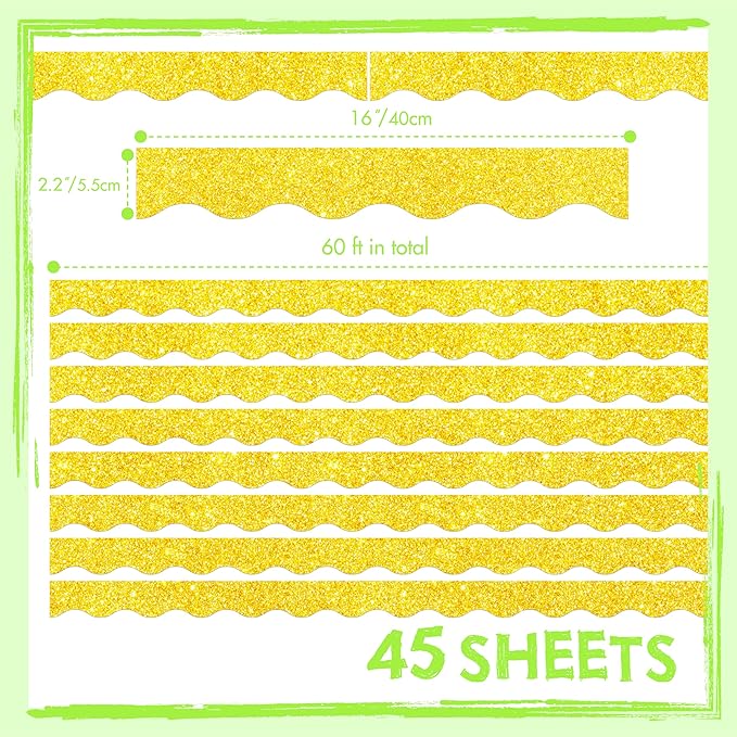 60 Feet Bulletin Board Borders, 45 Sheets Golden Glittering Scalloped Border Trim, Walls, Desks, Windows, Doors, Chalkboards, Whiteboards Decors for School, Classroom, Home & Offices