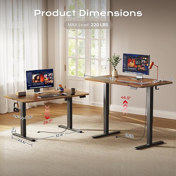 Huuger Electric Standing Desk with Power Outlets and USB-C Port, 47 X 24 Inch Height Adjustable Desk, Sit Stand Desk for Home Office, Computer & Gaming Desk with 4 Presets, Rustic Brown