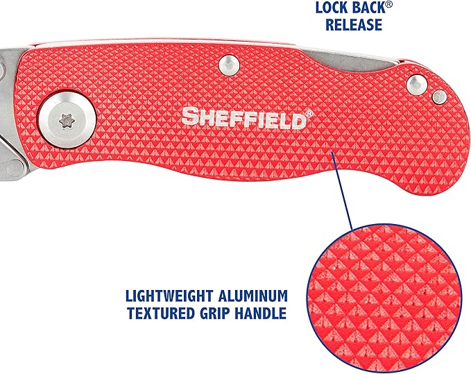 Sheffield Folding Utility Knife, Accepts Standard Utility Knife Blades, Box Cutter Aluminum Handle, Razor Blades Included, For Home, Office, Trades, and Warehouse