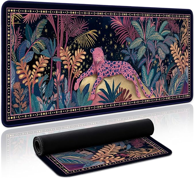 Aesthetic Desk Mat, Cute Midnight Jungle Desk Pad Protector for Work & Decor, 35.4" x 15.7", Pretty Non-Slip Extended Mouse Pad for Office or Home