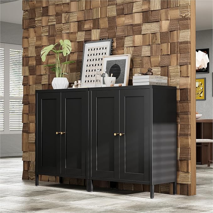 Bevivog Small Bathroom Storage Cabinet, Black Metal Locker Cabinet with 2 Doors and 2 Adjustable Shelves, Metal Floor Cabinets Sideboard for Home Office, Living Room, Hallway, Entryway