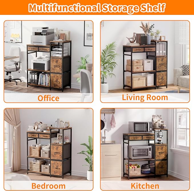 JUSTOGO Printer Stand with 4 Drawer, Extra Large File Cabinet | Extended Shelf for Large Printer, Holds 2 Large Printer, 5 Tier Open Storage, Filing Cabinet for Home Office, Printer Table