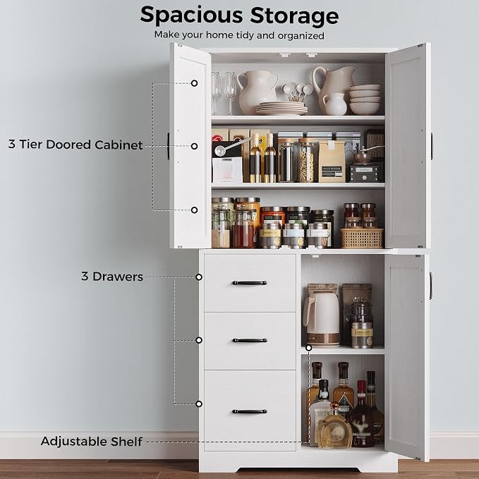 IRONCK Pantry Cabinet, Kitchen Storage Cabinet with 3 Door & Drawer, White | Adjustable Shelf. 67.5inch Tall. 5 Tier Freestanding. 150 lbs Per Shelf. Modern Style. FSC-certified Wood. Anti-tip.