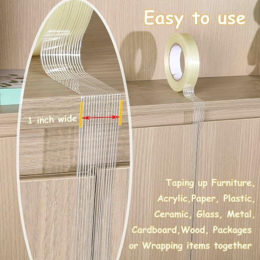 Valley'sYuMiao 6 Pack,Filament Strapping Tape, 1in×60yds, Mono Fiberglass Transparent Reinforced Packing, Heavy Duty Wearproof Tape, 5.5mils