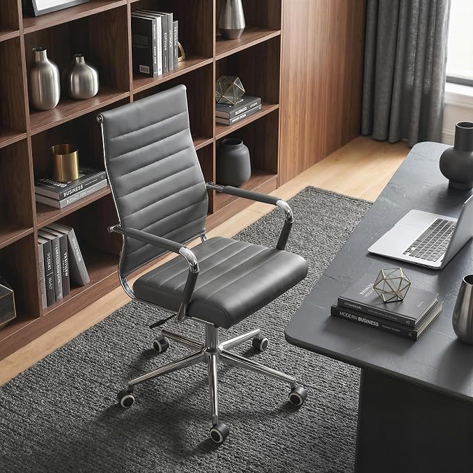 Okeysen Office Desk Chair, Ergonomic Leather Modern Conference Room Chairs, Executive Ribbed Height Adjustable Swivel Rolling Chair for Home Office Set of 12. (Grey)