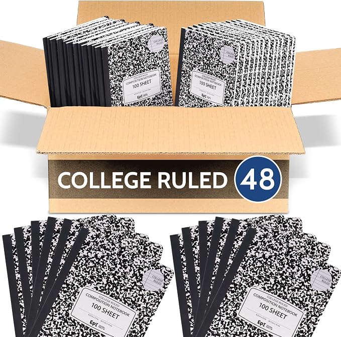 48 Pack - EPI College Ruled Composition Notebook Black - 200 Pages (100 Sheets), 9-3/4 x 7-½ - Classroom Back to School Supplies, Heavy Duty, Durable Hardcover Office Notebooks, Sewn
