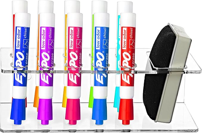 MyGift Acrylic Dry Erase Marker Holder, 10 Slot Whiteboard Organizer | Ten compartments organize markers, erasers, and board tools with a clear design for classrooms, offices, and workspaces