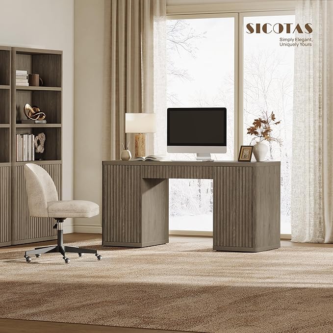 SICOTAS 61" Large Office Computer Desk with Storage Modern Home Office Desks with Drawer & Doors Fluted Desks Executive Desk Wooden Writing Table Vanity Table for Living Room Bedroom, Grey Alder
