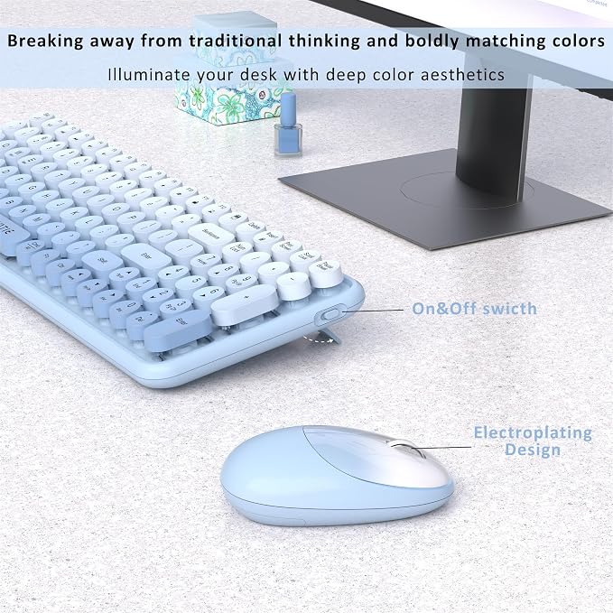 UBOTIE Wireless Keyboards and Mouse Combo (Blue Gradient) | Colorful Gradient Rainbow Color Retro Typewriter Flexible Keyboard, 2.4GHz Connection and Optical Mouse for PC Wins Mac