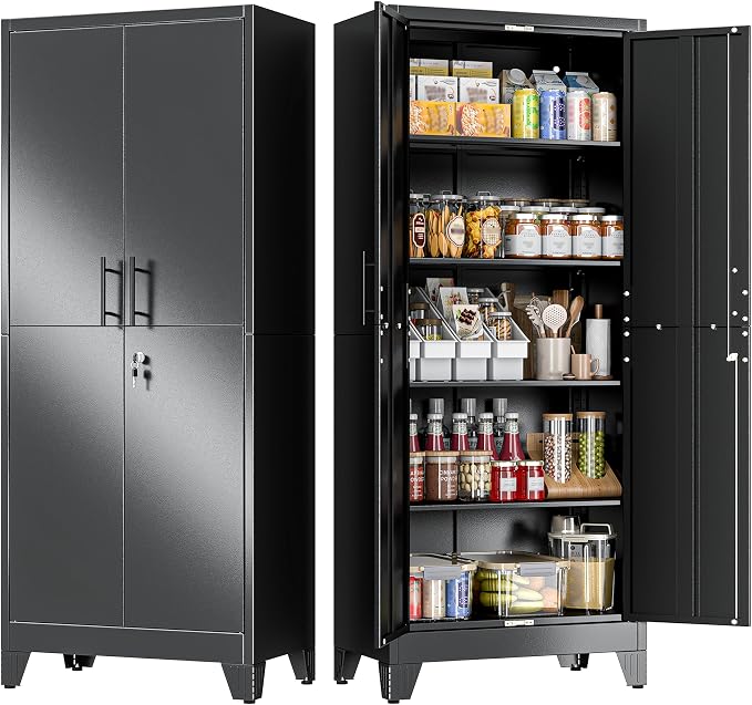 GAIOUS 71" Tall Metal Pantry Storage Cabinet with Lock, File Cabinet Black | 2 Doors Freestanding Steel Bookcase with Adjustable Shelves, Heavy Duty Lockable Office Cabinet, Garage Utility Organizer
