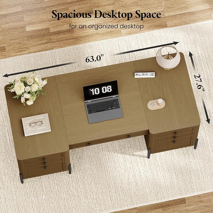 63" W x 27.6" D Executive Desk with 2 Cabinets & 6 Drawers, Farmhouse Home Office Desks with Keyboard Tray, Large Boss Desk with Privacy Panel, Modern Table with File Drawer