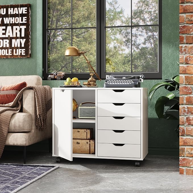 DEVAISE 5-Drawer Wood Drawer Cabinet, Office Storage Cabinet, White | Craft Storage Cabinet, Under Desk Drawer, Rolling Cart Furniture, Adjustable Shelf & Wheels, Printer Stand, Home Office