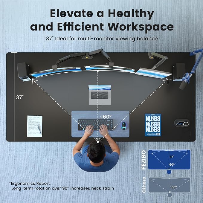 FEZIBO Standing Desk 63 × 37 Inch Electric Height Adjustable, Black | 1" Thick Large Adjustable Desk with Integrated Dual-Beam, Cable Management, Computer Desk for Home Office Workstation