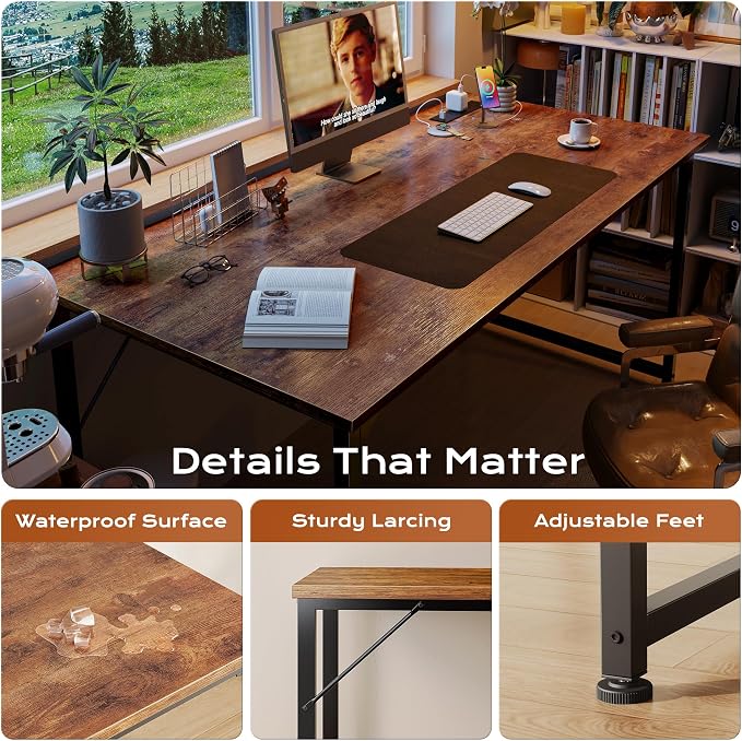 54 X 24 Inch Deeper Desk with Power Outlets | Large Computer Desk for Bedroom, Office Desk for Work from Home, Writing Study Gaming Table, Stable Metal Frame, Rustic Brown