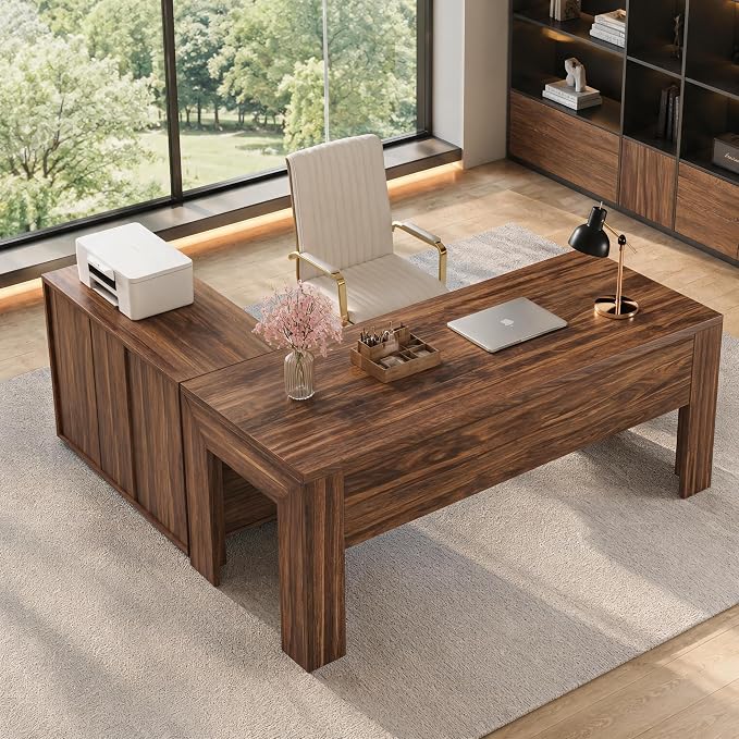 Tribesigns L Shaped Executive Desk with Drawers,Light Walnut | Large Office Desk with Rolling File Cabinet Combo,Home Office Computer Desk,Wooden Desk with Long Front Baffle