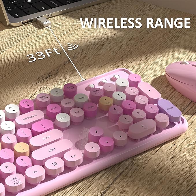 Links9+ Colorful Wireless Keyboard and Mouse Combo (Pink Colorful) | Full-Size Retro Typewriter Style Keyboard with Vintage Round Keycaps, 2.4G Wireless Set for Windows, Mac, Laptop, PC, Tablet