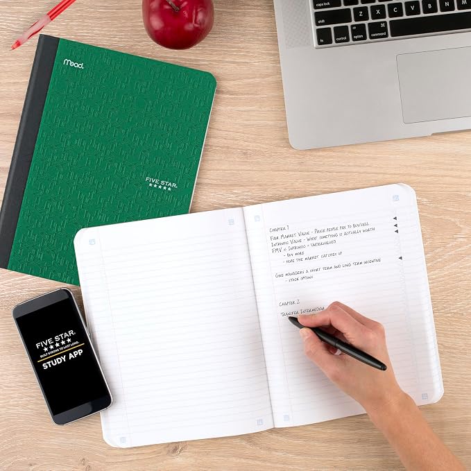 Five Star Composition Book + Study App, 4 Pack, College Ruled Paper, 7-1/2" x 9-3/4", 80 Sheets, Forest Green, Pacific Blue, Fire Red and Black (850065B-ECM)