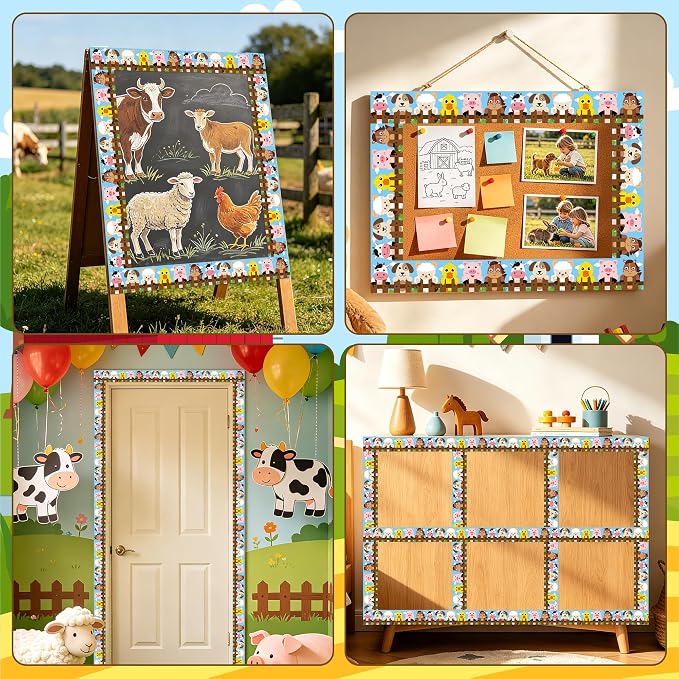 BeYumi Farm Animals Border Trim - 65ft Back to School Farm Animals Straight Rolled Border Trim Cute Cartoon Animal Bulletin Board Set School Classroom Office Farmhouse Chalkboard Party Holiday Decor