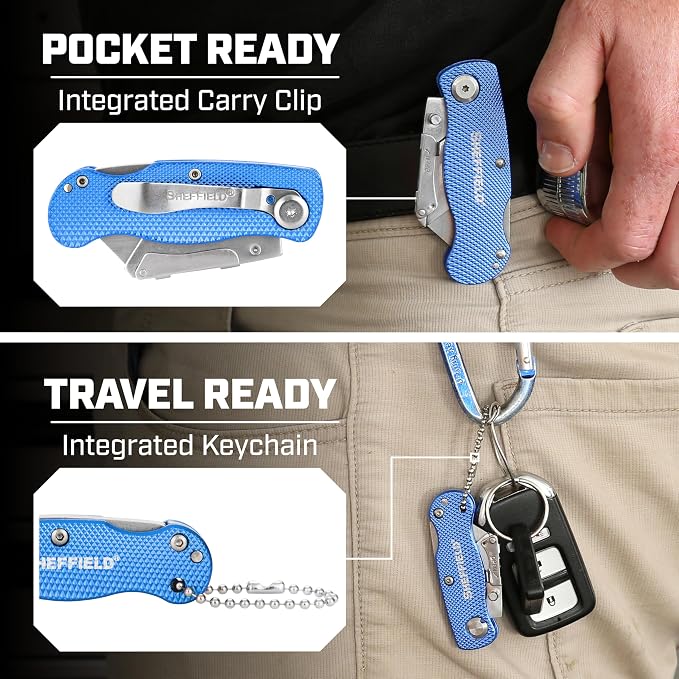 Sheffield Utility Knife and Mini Box Cutter with Aluminum Handles | Folding Utility Knife Set Accepts Std and Mini Utility Knife Blades for Use in Warehouse, Construction, or DIY