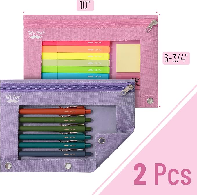 Mr. Pen- Pencil Pouch for 3 Ring Binder, 2 Pack, 10"x6.75", Smooth Zipper | Clear Window, Large Capacity Pencil Case with 3 Reinforced Grommets for School, Office, Supplies Storage