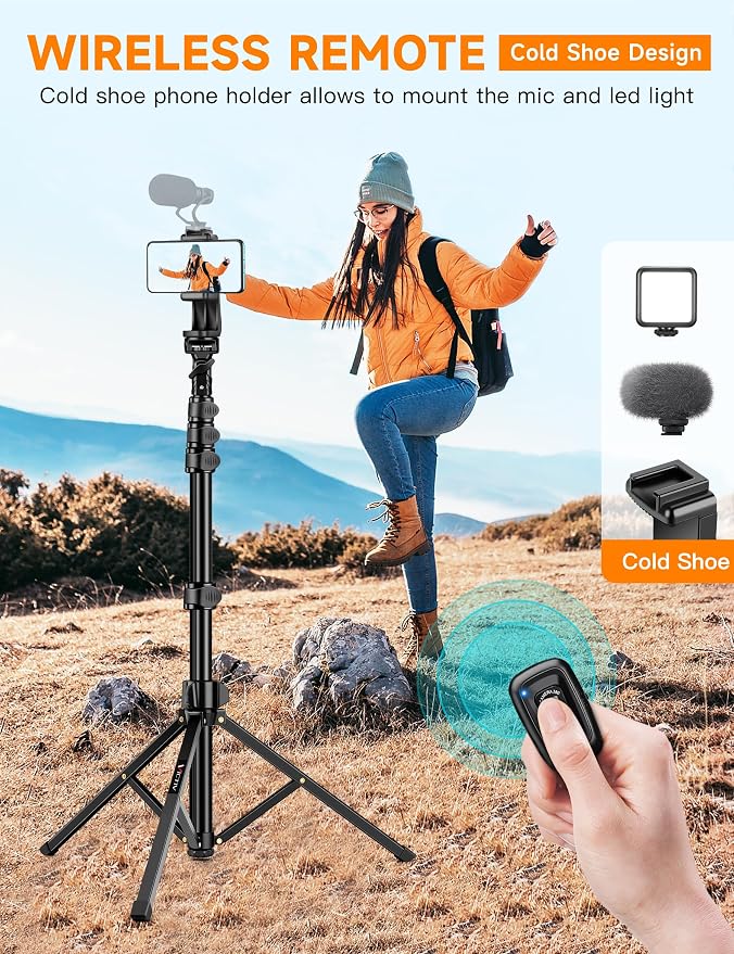 Phone Tripod, 71" Portable Cellphone Tripod Stand with Remote | Camera Stand for iPhone with Phone Holder, Compatible with Camera iPhone/Android Smartphone/Gopro