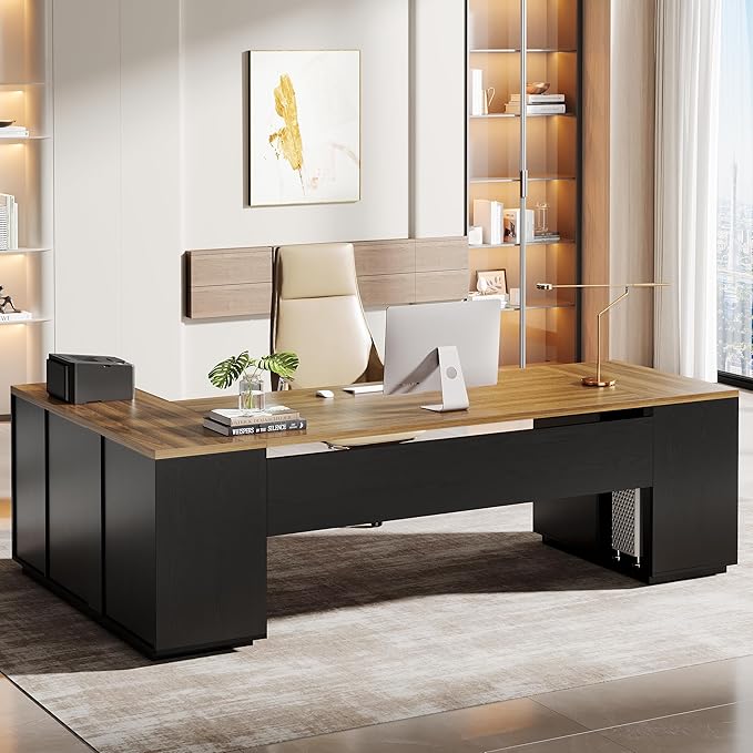 Tribesigns 85.8-Inch L-Shaped Executive Desk, Extra Large Modern Office Desk with File Drawers, Door Cabinet & Shelves, Commercial Office Table, Home Business Workstation, Brown & Black