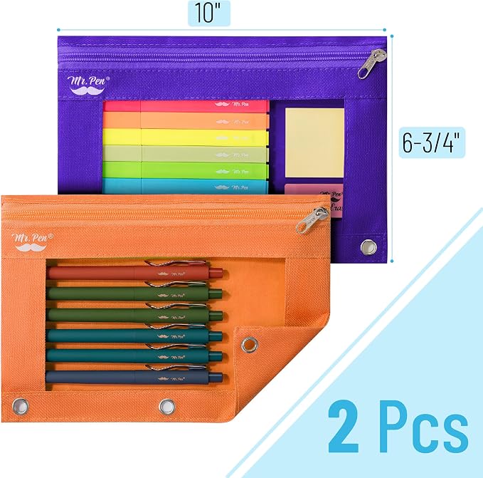 Mr. Pen- Pencil Pouch for 3 Ring Binder, 2 Pack, 10"x6.75", Smooth Zipper | Clear Window, Large Capacity Pencil Case with 3 Reinforced Grommets for School, Office, Supplies Storage | Clear Window, Large Capacity Pencil Case with 3 Reinforced Grommets f...