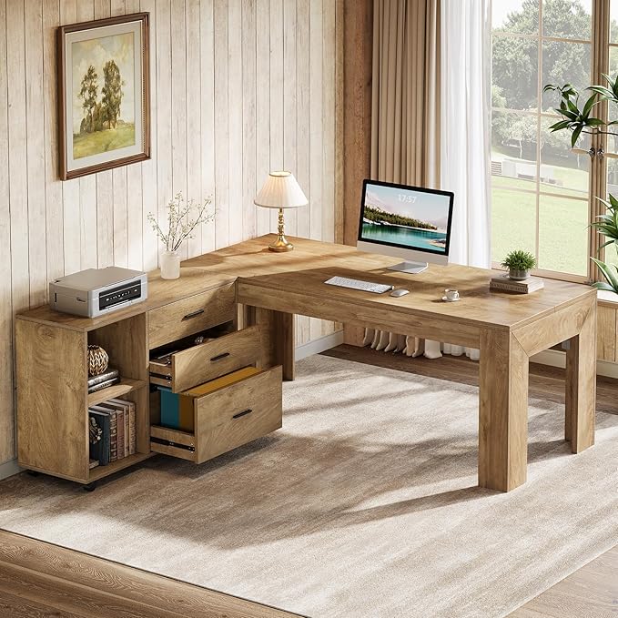 Tribesigns 63" L Shaped Desk with Storage, Executive Office Desk with Mobile Lateral File Cabinet Combo, Large Computer Table with Drawers and Shelves, Business Furniture Set for Home Office, Brown