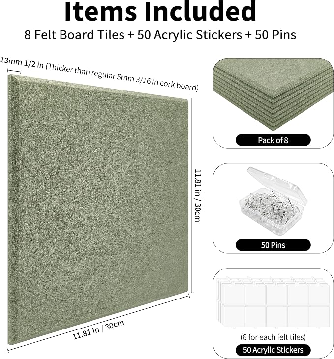 1/2'' Thick Felt Bulletin Cork Board Tiles for Walls Self Adhesive | Frameless Corkboard Alternative, 1700g/m² Dense Felt Board Squares, Renter Friendly, Removable, Sage, 8 Pack 12x12 in