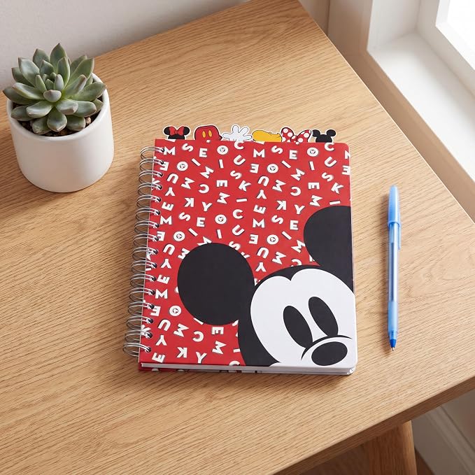 Disney Mickey & Minnie Mouse Tab Journal Spiral Notebook with Cute Dividers | Mickey and Minnie Mouse School Supplies & Office Stationery, 144 Lined Pages, Vinyl Cover, 8 x 7 Disney Planner & Notebook