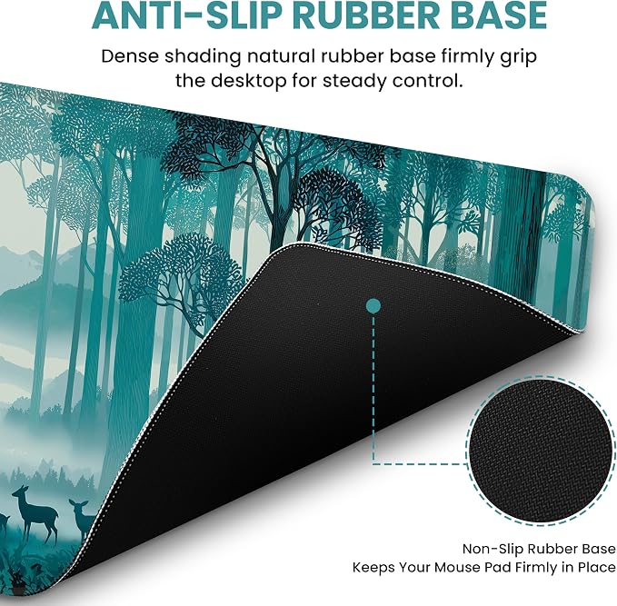 Aesthetic Desk Mat, Cute Deer Forest Desk Pad Protector for Work & Decor, 31.5" x 11.8", Pretty Non-Slip Extended Mouse Pad for Office or Home