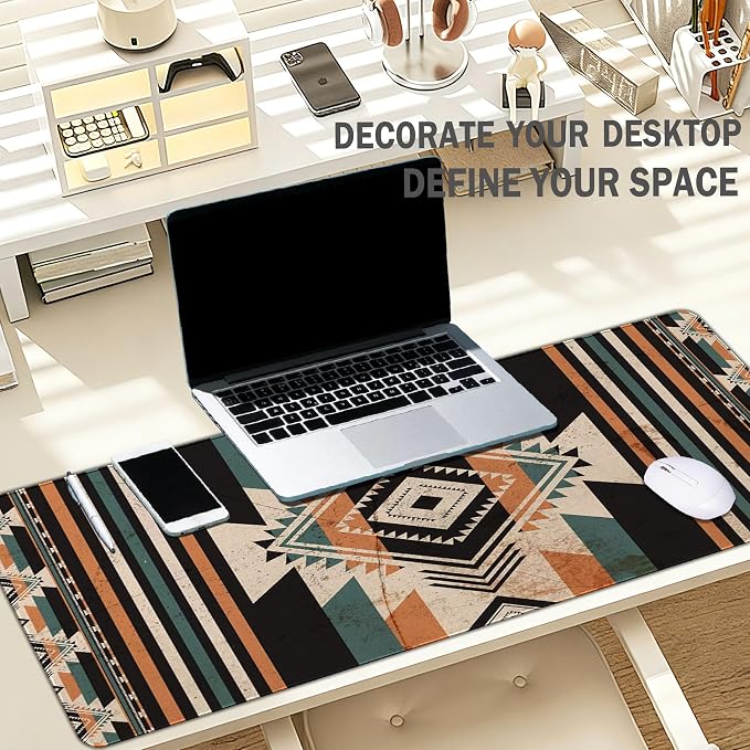 Retro Western Mouse Pad, Western Desk Accessories 31.5x11.8 | Vintage Aztec Rug Desk Mat, Retro Desk Mat for Keyboard And Mouse, Native American Decoration, Cowboys Gift