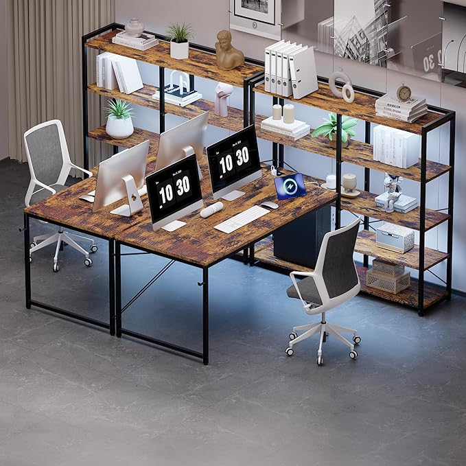 Pamray L Shaped Computer Desk with Reversible Side Storage Shelves, 49 Inch Gaming Desk with Power Outlets and Led Lights, PC Table for Home Office and Bedroom Vintage