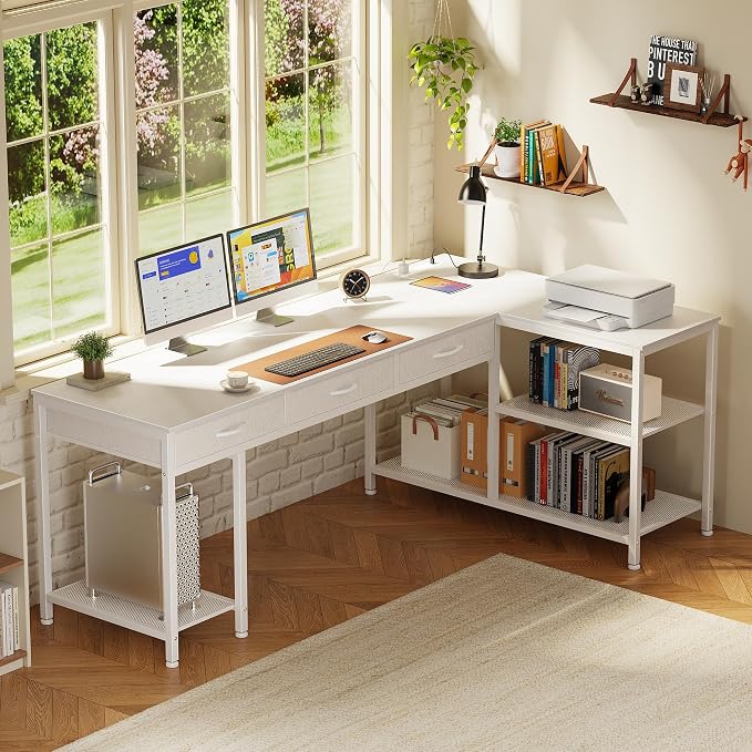 63 Inch L Shaped Office Desk with Power Outlets and Type-C Port, Large Computer Gaming Desk with 3 Fabric Drawers, Mesh Shelves, Corner Study Work Writing Desk, White