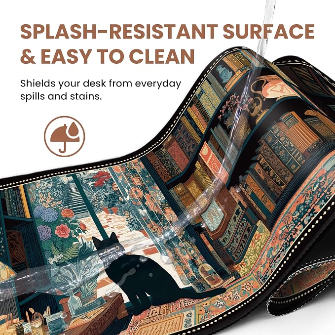 Aesthetic Desk Mat, Cute Black Cat Desk Pad Protector for Work & Decor, 31.5" x 11.8", Pretty Non-Slip Extended Mouse Pad for Office or Home