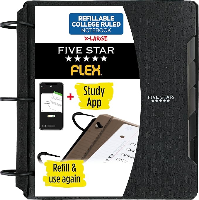 Five Star Flex Refillable Notebook + Study App,College Ruled Paper and 1-1/2 Inch TechLock Ring Binder with Pockets,Tabs and Dividers,300 Sheet Capacity,Black (29324AA2),(Pack of 6)