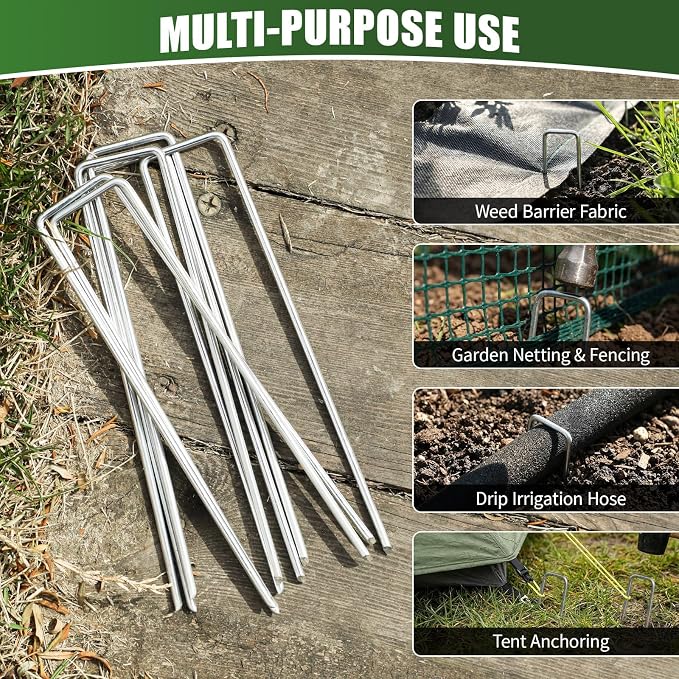 HOOPLE 100 Pack 8 Inch Landscape Staples 11 Gauge Heavy Duty Galvanized Garden Stakes, Sod Pins for Weed Barrier Fabric, Artificial Turf, Drip Irrigation, Lawn Edging & Ground Cover