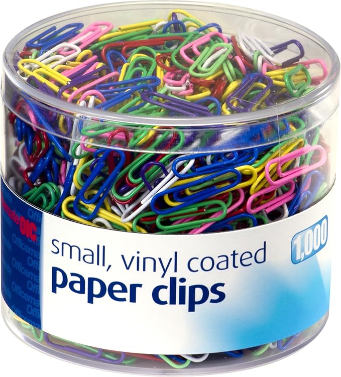 Officemate Vinyl Coated #2 Paper Clips, Assorted Colors, Tub of 1000 (97634)