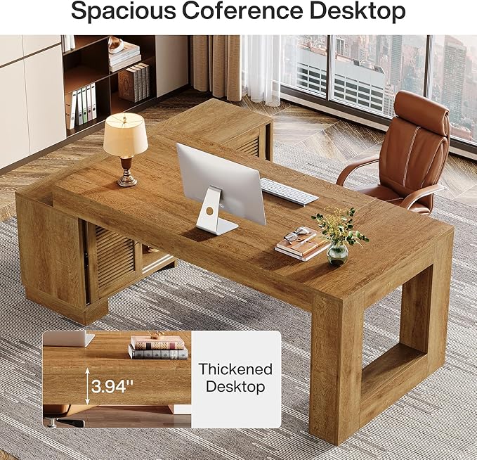 Tribesigns L Shaped Executive Desk with Storage Cabinets and 2-Tier Shelf, 78-Inch Simple Modern Business Furniture Large Computer Writing Table Workstation for Home Office, Dark Brown