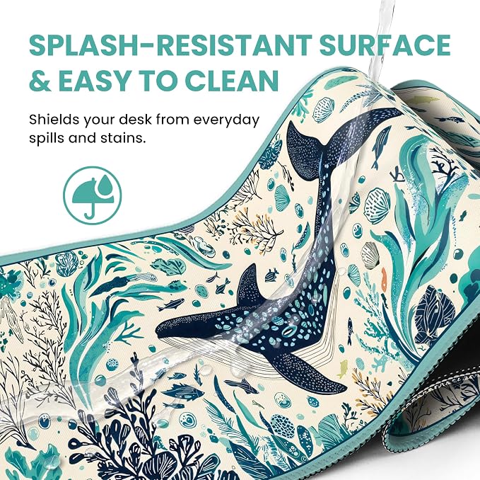 Aesthetic Desk Mat, Cute Drifting Whales Desk Pad Protector for Work & Decor, 35.4" x 15.7", Pretty Non-Slip Extended Mouse Pad for Office or Home