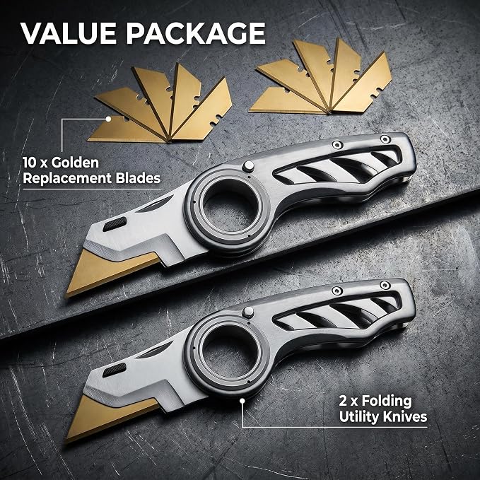 2 Pack Heavy Duty Box Cutter Pocket Folding Utility Knife with Safety Finger Loop & 10 Long-Lasting Gold Titanium Blades for Breaking Down Cardboard, for Home, Office, Warehouse (Gray)