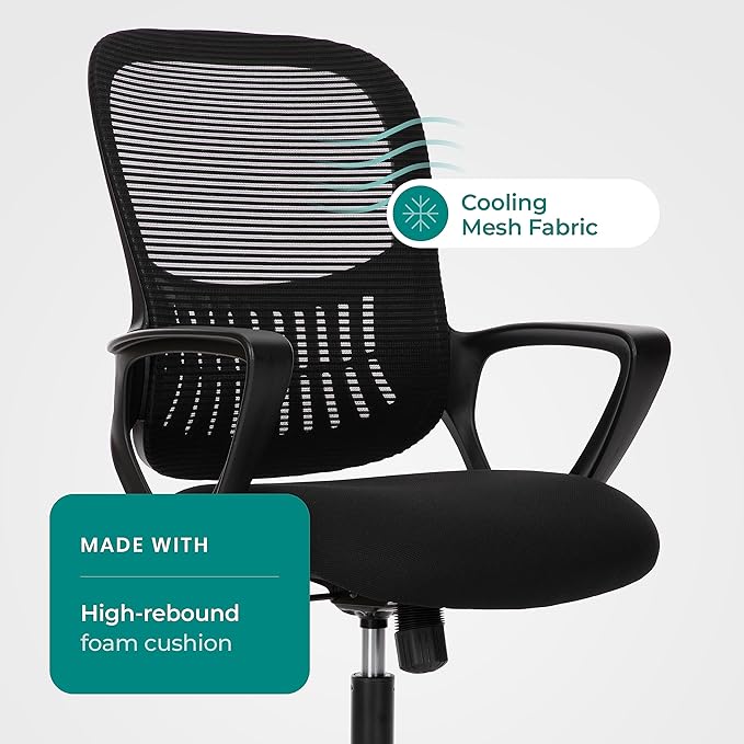 OLIXIS Home Office Chair, Mesh Desk Chair, Ergonomic Lumbar Support | Mid Back Computer Ergonomic, Height Adjustable Swivel Task, Large Seat Armrest, Adults, Black