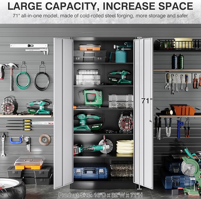 Storage Cabinet with Doors and Shelves,71" Metal Storage Cabinet with Lock,5 Adjustable Shelf, Steel Lockers for Home Office,School,Shop,Garage Tool Utility Cabinets