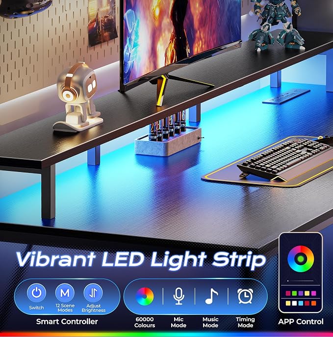 48 inch Gaming Desk, LED & Power Outlets, Monitor Stand, Black | Sturdy PC Desk for Home Office, Study & Work, LED Lights, 4 AC Outlets & USB-C Charging Station