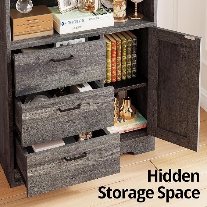IRONCK 71 in Bookshelf with Doors and Drawers, Industrial Tall Bookcase | Engineered wood with 3-tier shelves, 3 drawers, enclosed storage, anti-tip hardware, 132 lb maximum capacity, for home office